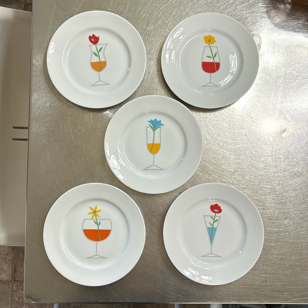 Crate & Barrel-Colorful Flowers In Cocktail Glasses-6.75” Appetizer Plates